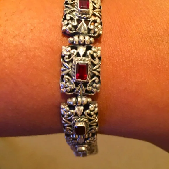 AF 925 silver & square cut garnet filigree bracelet - Picture 2 of 11